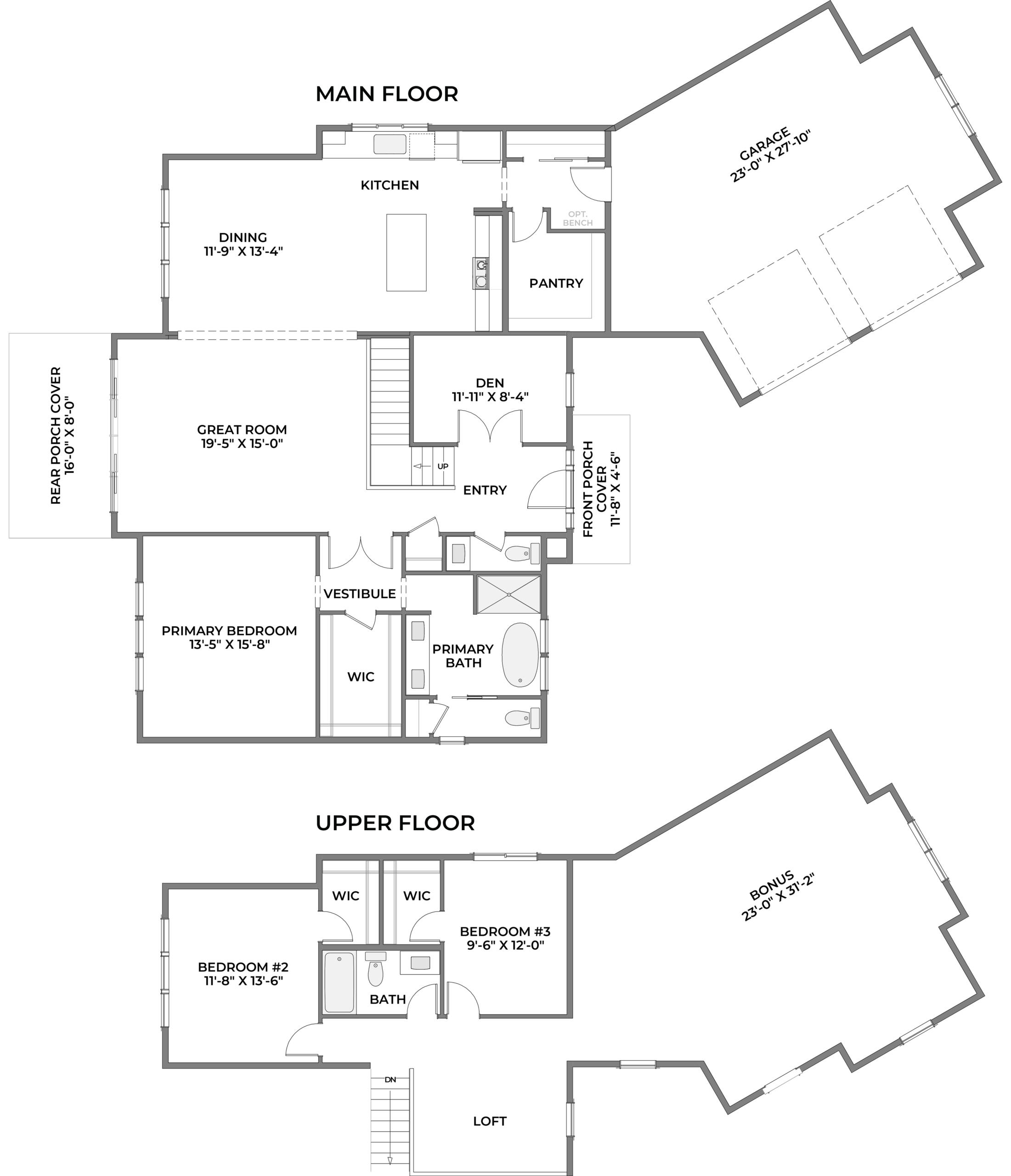 Upper-floor plan showing great room, dining, kitchen, pantry, den, bedroom suite, loft, and a large garage with porch areas