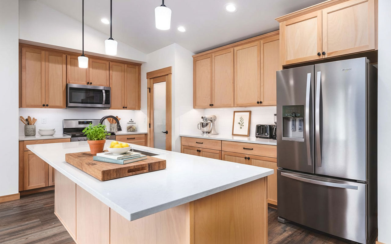 Modern kitchen with wooden cabinets and island.