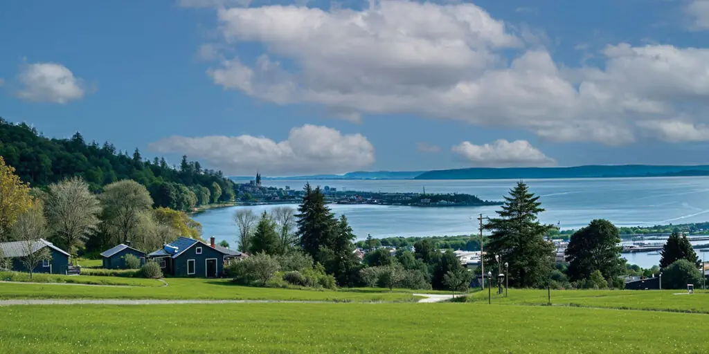 Scenic coastal view with houses and trees