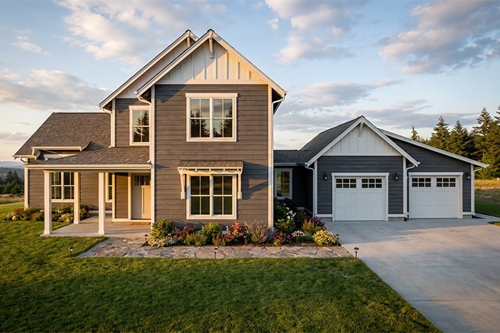 Two-story gray suburban house with a two-car garage and landscaped front yard at dusk sun.