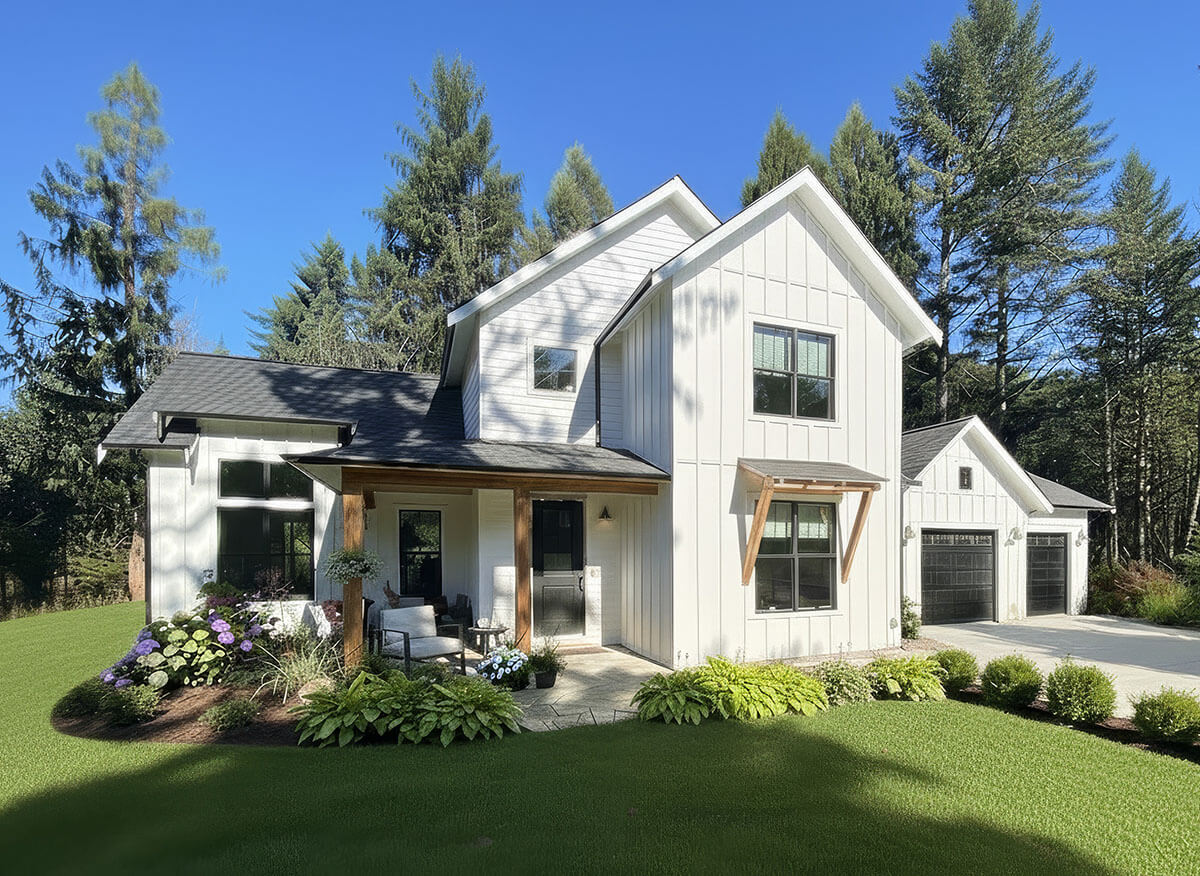 Willow House Exterior Modern farmhouse style home surrounded by trees