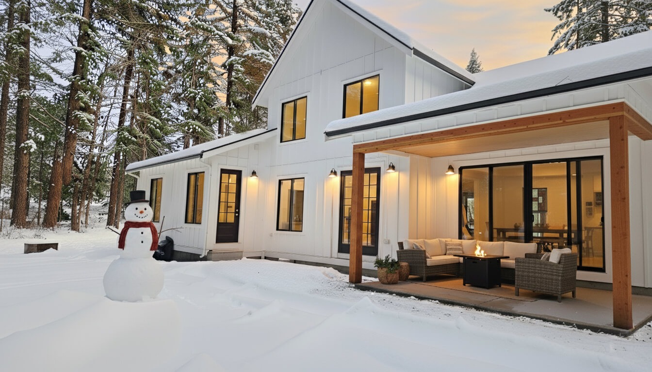 Willow Modern Farmhouse Exerior Back Modern cabin in snowy forest with snowman