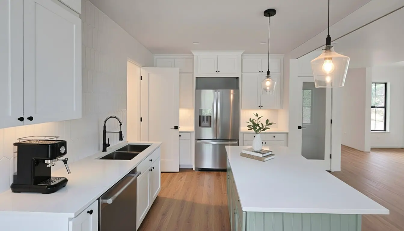 Willow Modern Farmhouse Kitchen - Inspire Homes Modern kitchen interior with white cabinets and appliances