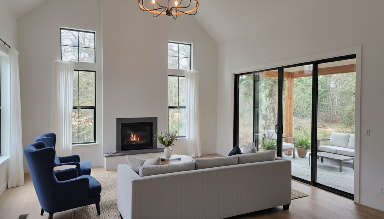 Willow Modern Farmhouse Living Room Modern living room with fireplace and large windows