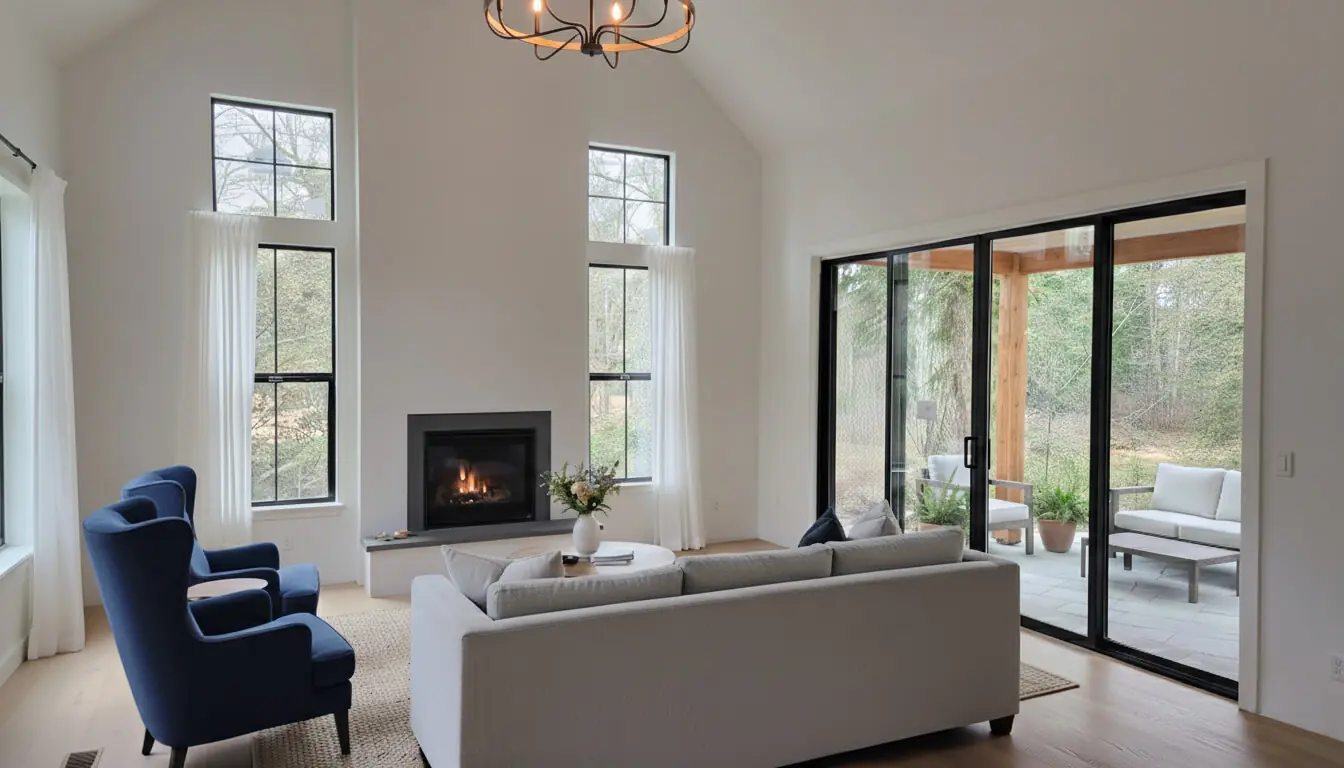Willow Modern Farmhouse Living Room - Inspire Homes Modern living room with fireplace and large windows