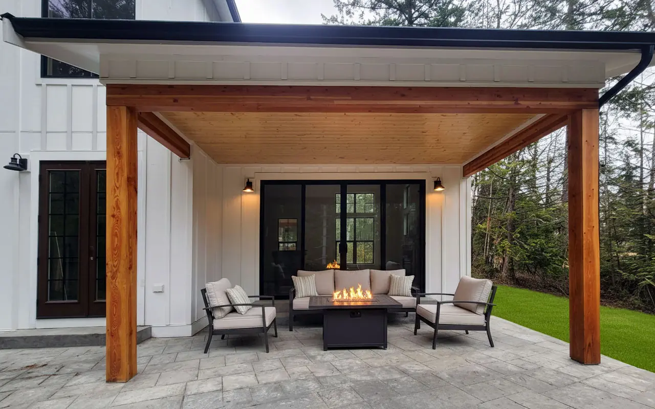 Willow Patio - Inspire Homes Modern outdoor patio with cozy seating and fire.