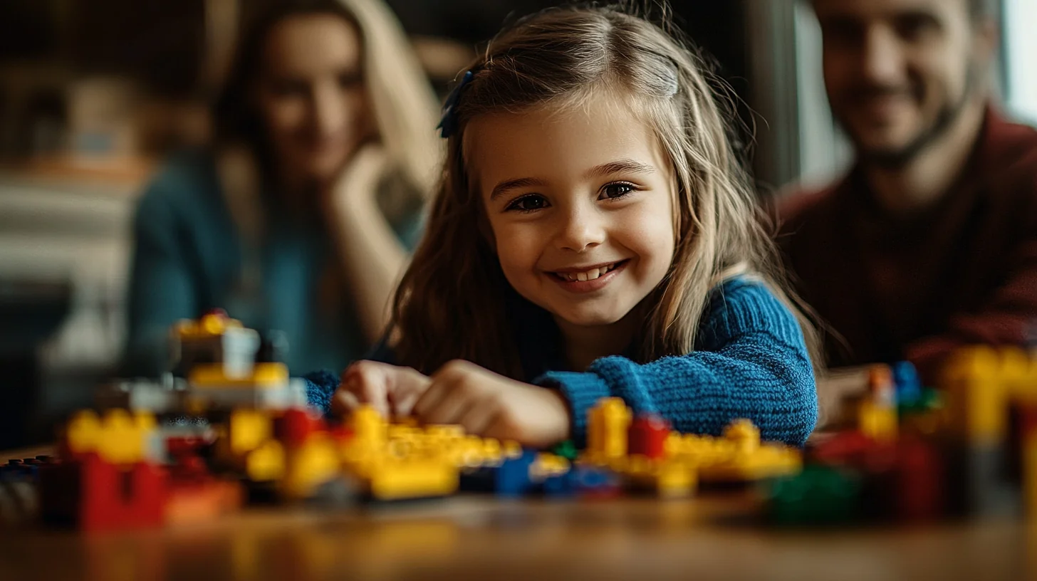 Child playing with colorful building blocks indoors